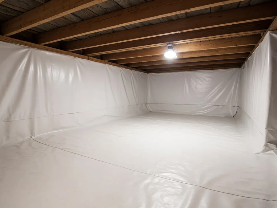 Crawl space with the floor and walls covered in a white vapor barrier