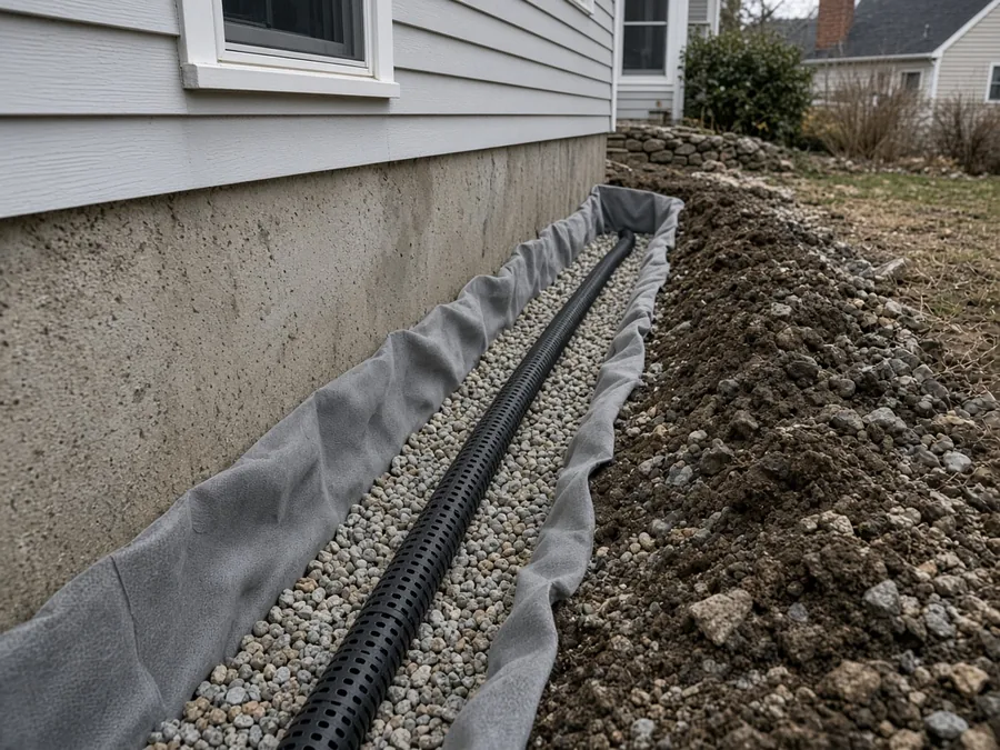 Perforated drain pipe laid in a gravel-lined trench beside a house foundation