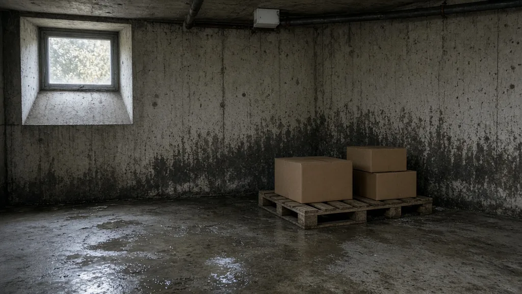 Wet basement floor with standing water and storage boxes raised on a pallet