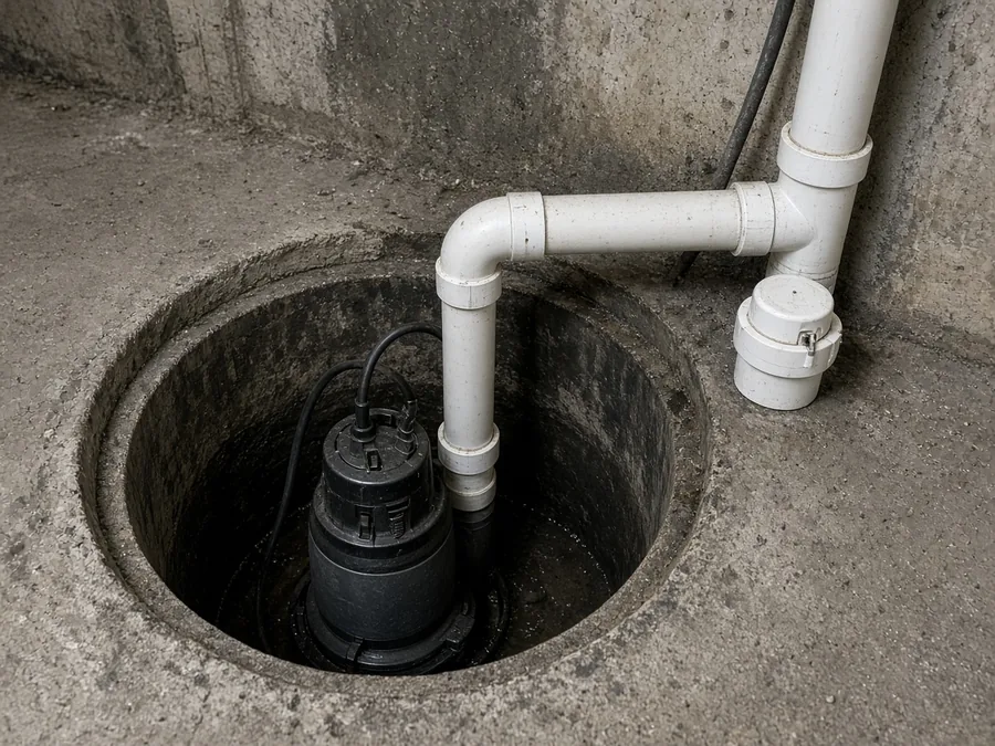 Sump pump sitting in a basin set into a basement floor